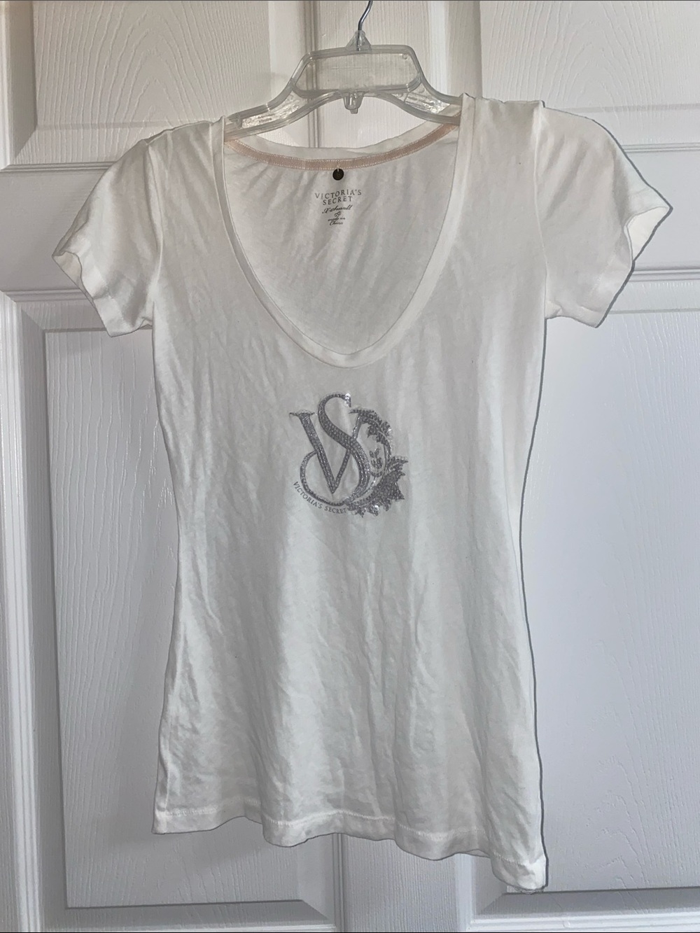 Victoria's Secret White Short Sleeve Scoop Neck Tee with Silver VS Logo